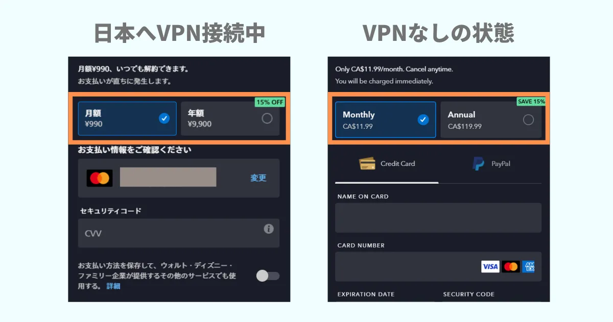 ディズニープラス　支払い画面　VPN